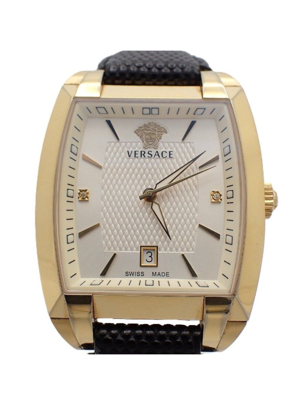 Versace Golden Tonneau Edition Quartz Watch Diamond Silver Dial Leather Strap